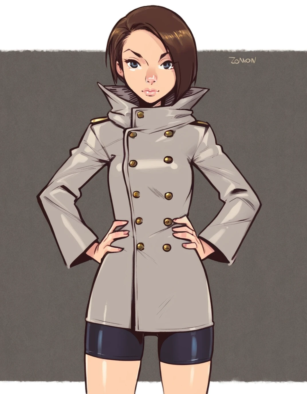 (art by zounose), 1girl, looking at viewer, cowboy shot, in a study, bike shorts, overcoat, hands on hips
