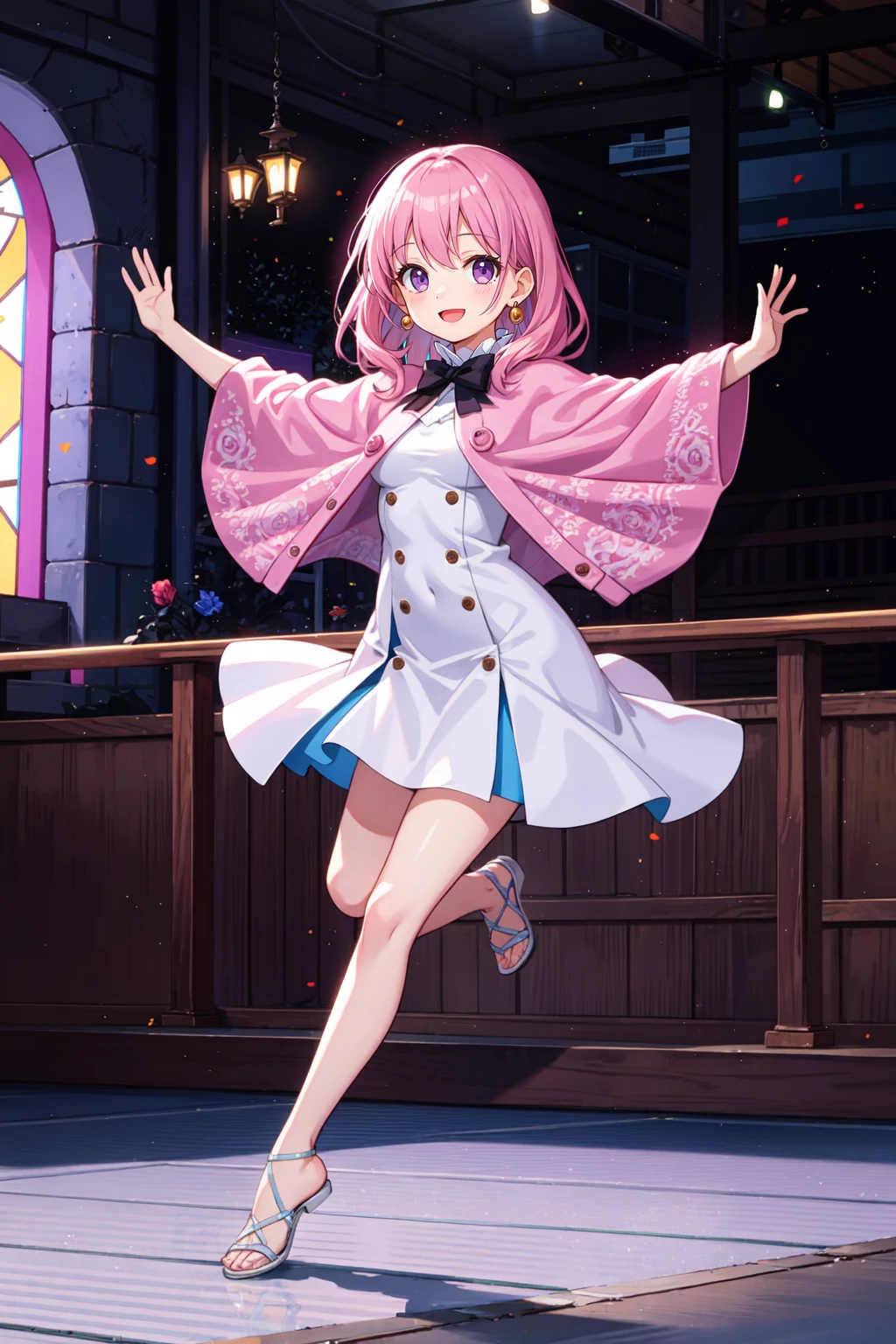 (best quality:1.4), amazing intricate, cute girl, pink hair, long hair, purple eyes, small breasts,
:d, dancing, orangery,
looking at viewer, full body,
white dress, poncho
