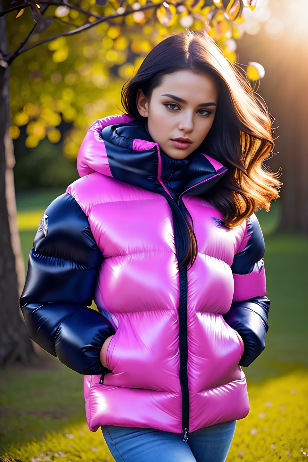 Stunning portrait of an sweet, cute, slim, long haired, young European woman. she is outside in a wood, it is a hot summer day. she wear an shiny, completely enclosureable, (hot neon pink,cropped puffer down jacket,by parkasite:1.3), ((very high yoked)). tempting, high detail, realistic, realistic character design, inspiring, intense emotion,  masterpiece, 8k, RAW photo, portrait, best quality, ultra high res, photorealistic, cinematic lightning, digital painting, storytelling, high resolution, depth of field, lens flare,   <lora:Parkasite_v2-000010:0.6>  <lora:hairdetailer:0.3>