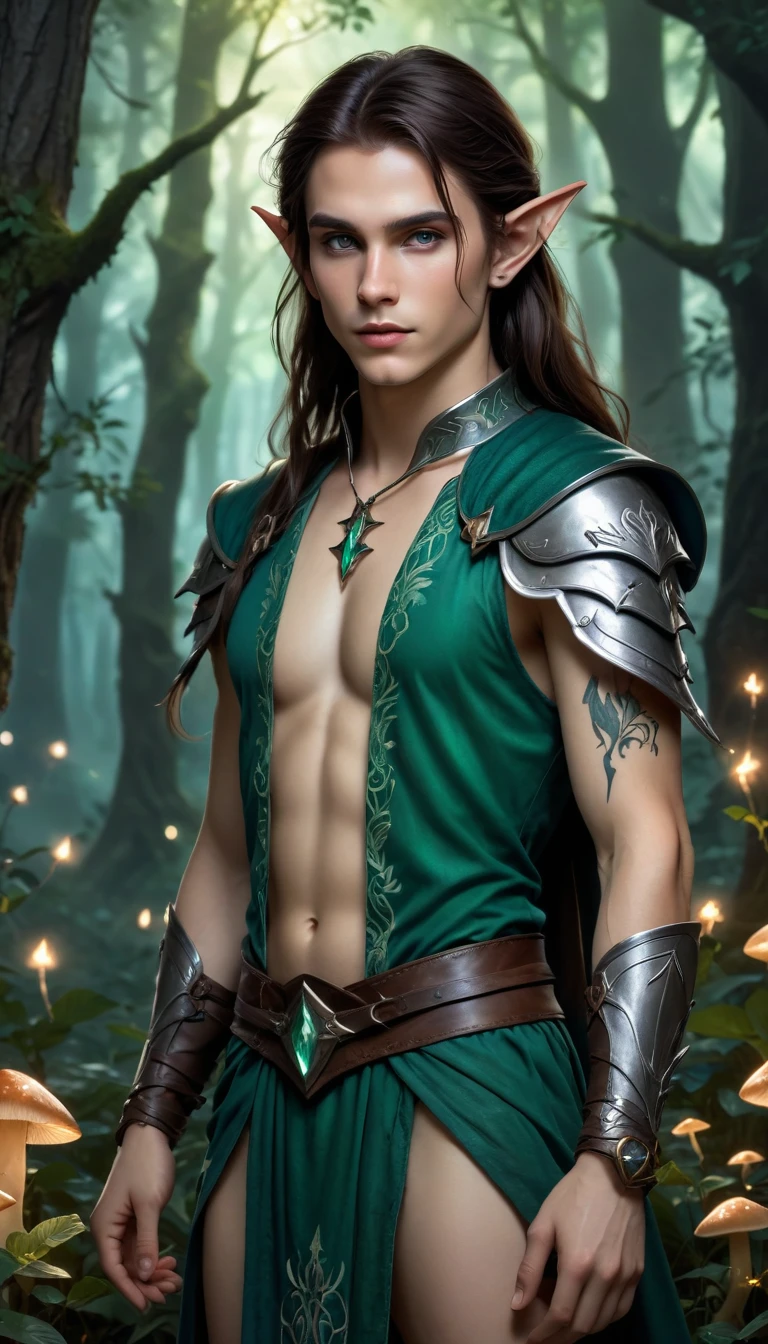 a dramatic posing fantasy portrait of a friendly inviting attractive 19yo young male elf, smooth, pointy ears, bare midriff, green iridescent armor, loincloth, nature tattoos, jewelry, collar, magical dark forest with godrays, mushrooms, and fireflies, long brunette straight hair, intricately detailed, iliac lines, slim thighs, perfect eyes, chiaroscuro, (perfectly-lit, crisp focus, absurdres, 8k UHD, HDR, vivid color, depth of field, contrast, clarity, balance) (Art By Alex Horley Orlandelli And Anato Finnstark And Gregorz Rutkowski:1.4), <lora:sdxl_lightning_8step_lora:1>