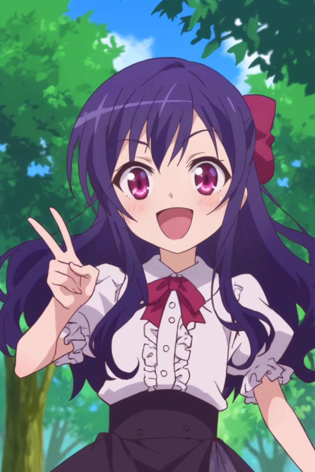 rating_safe, score_8_up, score_7_up, score_6_up, uncensored, anime screencap, flat shadows, flat colors, momijidani nozomi, upper body, perspective, happy, v-hand