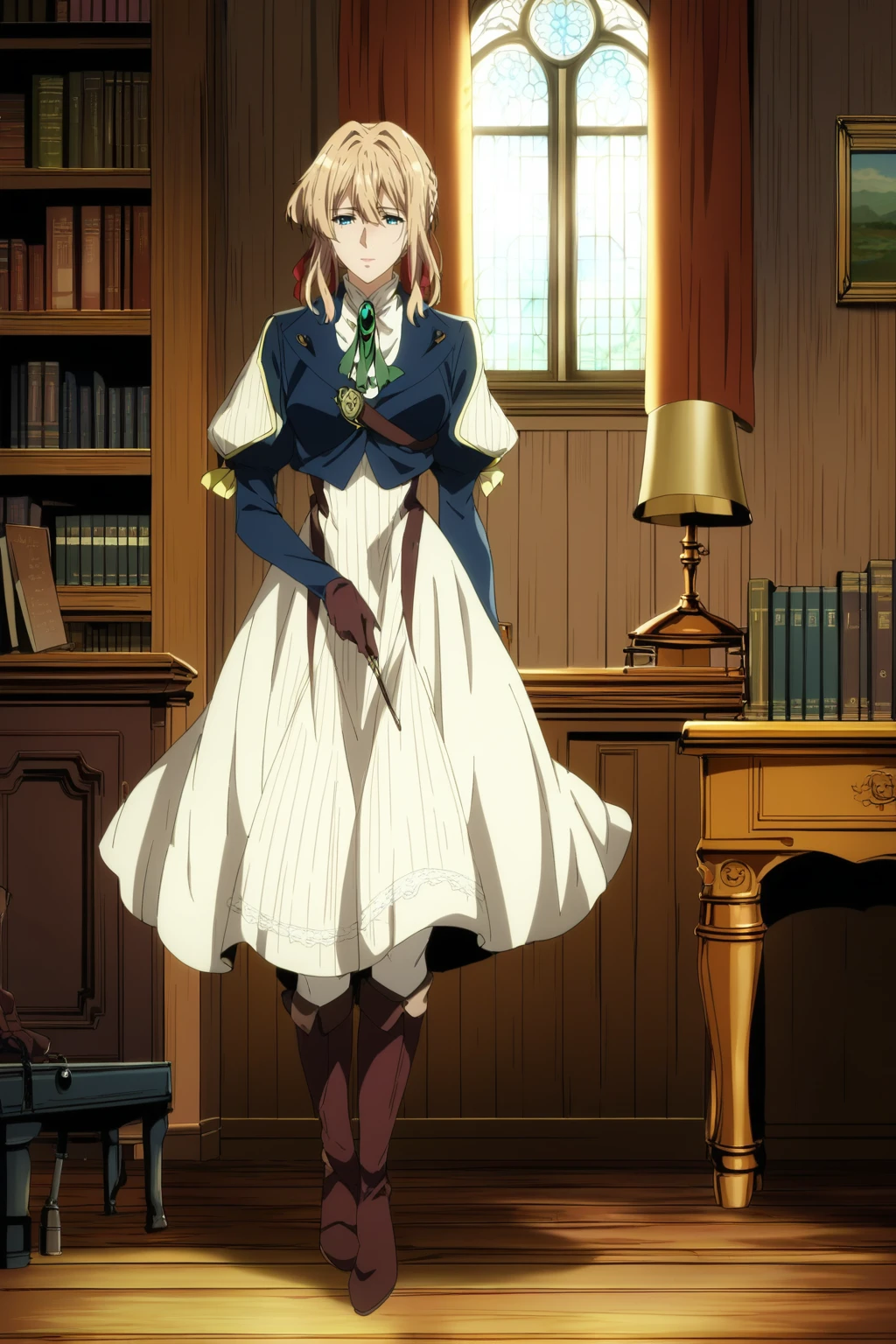 ,score_9, score_8_up, (score_7_up), source_anime,anime coloring,anime,(anime screencap),,zPDXL,
,detailed background,, day, the Victorian era, medieval, libraries, kerosene lamps, writing, letters, fountain pens, indoors, wooden wall, 
 F: ,blue jacket, brown gloves, cropped jacket,, gloves, green brooch, jacket, juliet sleeves, long sleeves, puffy sleeves, (white dress:0.5), short skirt, short dress, 
,knee boots, lace up boots, brown footwear,  high heel boots,,(white thighhighs), (lace),,
,, violetevergarden,violet evergarden, blonde hair, blue eyes, hair ribbon, ribbon, short hair, braids, hair braids, red ribbon, mature female, 1girl, ,
, <lora:Violet_Evergarden_PonyXL_v1:0.8>