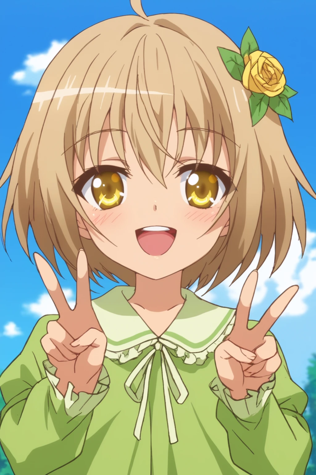 rating_safe, score_8_up, score_7_up, score_6_up, uncensored, anime screencap, flat shadows, flat colors, kaneshiro sora, upper body, perspective, happy, v-hand