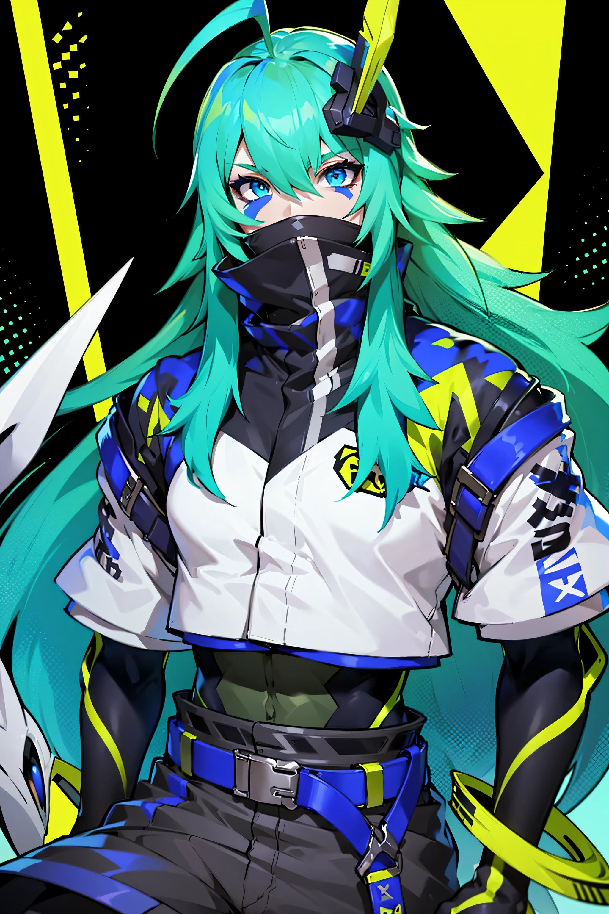 <lora:Zata S-Dreamer:0.8>,Zata S-Dreamer, (1boy:1.4), male focus, solo, long hair, very long hair, hair ornament, portrait, green hair, blue hair, aqua hair, ahoge, headgear, feathers, blue eyes, multicolored eyes, eyeshadow, hair between eyes, makeup, covered mouth, mask, mouth mask, black mask, high collar, bodysuit, jacket, cropped jacket, shirt, pants, black pants, short sleeves, gloves, black gloves, fingernails, claws, belt, zipper, pantyhose, boots, shoes, white footwear sneakers, glowing, power symbol, speech bubble, cube, patterned, neon trim, cat, simple background