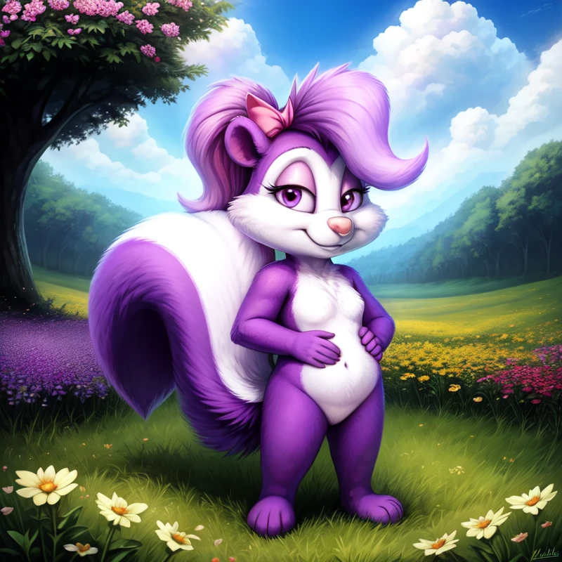 [:by Klongi, by Chikiota, by Totesfleisch8:0.35],
(<lora:FifiLaFume:0.8>, Fifi, skunk, girl, purple body, purple legs, purple arms, white-purple tail, white cheeks, white eyelids, pink nose, purple bangs, purple hair, pink bow over ear, colorless eyes, mouth closed, standing, modest, innocent, mysterious, in a flower meadow, butterflies, rays of light)
BREAK,
masterpiece, best quality, 4k, 2k, (high detail:1.25), absurd res