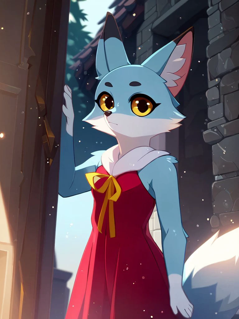 solo (young:1.15) ((blue fox), blue body and countershading, yellow eyes)),
((small breasts)), ((red dress),
(three-quarter view, looking at viewer, standing:1.25),
BREAK,
[by Castitas, by Makoto Shinkai, by Hioshiru, by Glacier clear, by Rumiko Takahashi:by Sandra Chevrier, by Rafael Albuquerque, by Foxovh, by Alphonse Mucha:0.85],
(detailed background, depth of field, shadow, sunlight, ambient light on the body, backlighting),
masterpiece, best quality, 4k, 2k, shaded, (intricate:0.9), (high detail, unreal engine:1.25), absurd res, sexy
 <lora:Asya:0.8>
 <lora:add_detail:0.4>