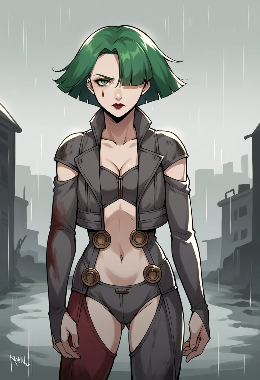 score_9, score_8_up, score_7_up, source_anime BREAK 1girl, solo,  <lora:zs_JinanaXL:1> jinanadds, green hair, green eyes, short hair, hair over one eye, facial mark, lipstick, cropped jacket, underwear, cleavage, navel, elbow gloves, thigh boots, destroyed city, post-apocalyptic, grey skies, rain, looking at viewer, sad