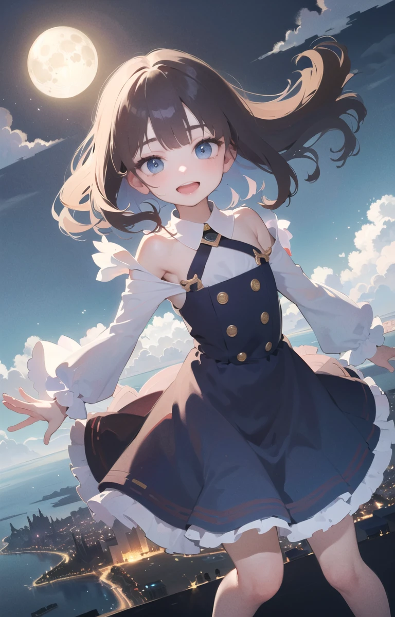 (dynamic angle), fisheye, close to viewer,
1girl, brilliant dress,
brown hair, blunt bangs, dark blue eyes, round eyes, head tilt, light smile, open mouth, (half close eyes),
Mysterious, luminescence, chiaroscuro,
(some floating island,floating city:1.3), (above the clouds, in the sky), (large full moon), round frame background, circle frame background, best illuminate, wonderland, desert, weightlessness, zero gravity ,giant scales,<lora:fitgirl_4:-0.5:lbw=INALL>
