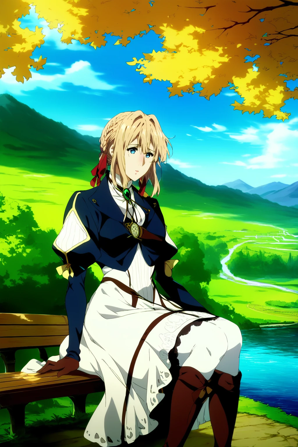 ,score_9, score_8_up, (score_7_up), source_anime,anime coloring,anime,(anime screencap),,zPDXL,
,detailed background,,Mountains, water, bridges, benches, outdoors, sitting, 
 F: ,blue jacket, brown gloves, cropped jacket, dress, gloves, green brooch, jacket, juliet sleeves, long sleeves, puffy sleeves,,,white dress, 
,,, (white thighhighs), (lace),, (white garter belt),,knee boots, lace up boots, brown footwear,  high heel boots,,
,, violetevergarden,violet evergarden, blonde hair, blue eyes, hair ribbon, ribbon, short hair, braids, hair braids, red ribbon, mature female, 1girl,
, <lora:Violet_Evergarden_PonyXL_v1:1>