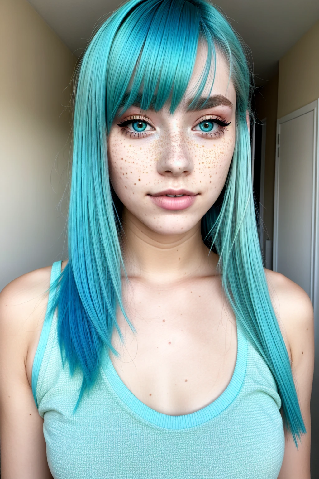 Photo of a young woman with cyan hair, natural-looking, yellow eyeshadow, pale skin, freckles