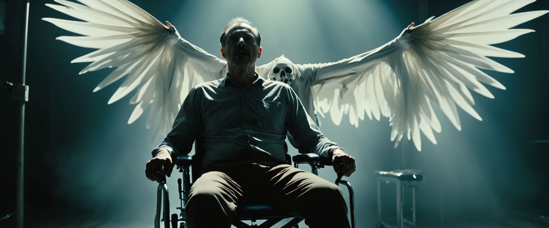 horror theme, raw, empathic movie still of a man tied to a medical chair, interrogated by political torturers and doctors, vivid life, (outting of his body, leaves his body like a ethereal ghost with large evanescent wings above his transparent body:1.3) in a great white flash and fly over his bound body, sense of nostalghia, Dark and gritty, epic scene, dramatic lighting,  mysterious, cinematic, pale skin, imperfections, (8K resolution), establishing shot, 4K resolution, high textures, 35mm, leica, subsurface scattering, (aberration chromatic:1.4)