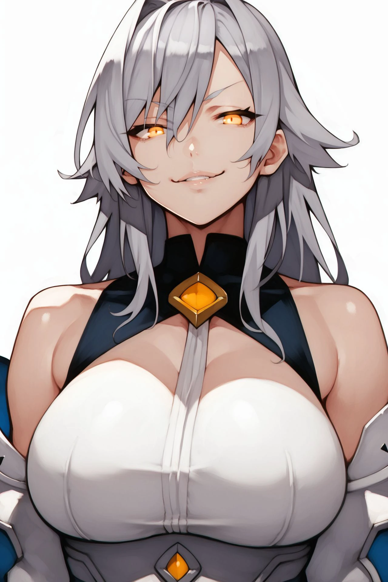 score_9, score_8_up, score_7_up, 1girl, smug, looking at viewer, light_grey hair, bangs, golden eyes, large breasts, dim light <lora:yoshio_(55level)_PonyXL_style_v01:1>