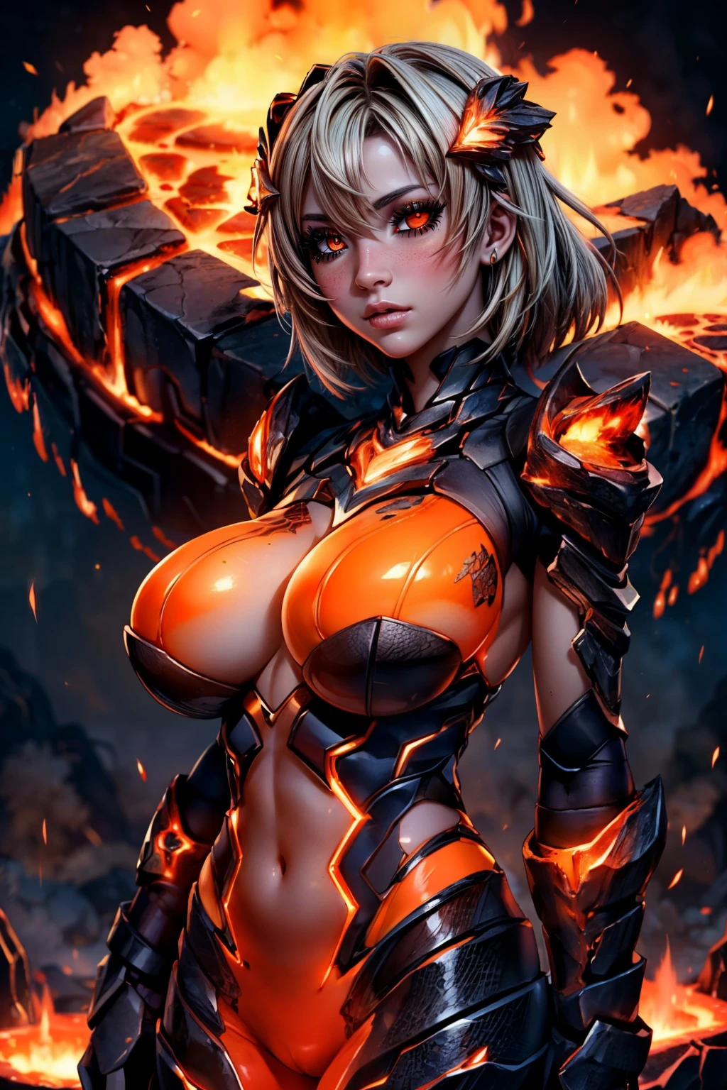 (((NSFW))) a teen girl (((flat chest))) ,She rise from a lava pit, she has horns, some kind of demon from the earth core, (((She's wearing a detailed and complex micro bikini with accesories as metalic shoulderpads with (((intrincate hellish designs on shoulders))), and little jewlry with scales shape, acesories on wrist to the sholders))), some kind of demonis head set with flames, and her expression is a mix of wonder and amazement (((looking at herself)))  ((((Demon made of brimstone)))) ((((brimstone))) (((fire demons))), Fire themed art piece, inferno themed art.(((she is the triunphant queen of the infernal pits))) ((((Queen attitude and body language)))) (((cinematographic ambient))) (((lensflare))) (((blur backgroudns))) (((depth of field))) (((((she is sitting on a molten rock under on a lava cascade)))))