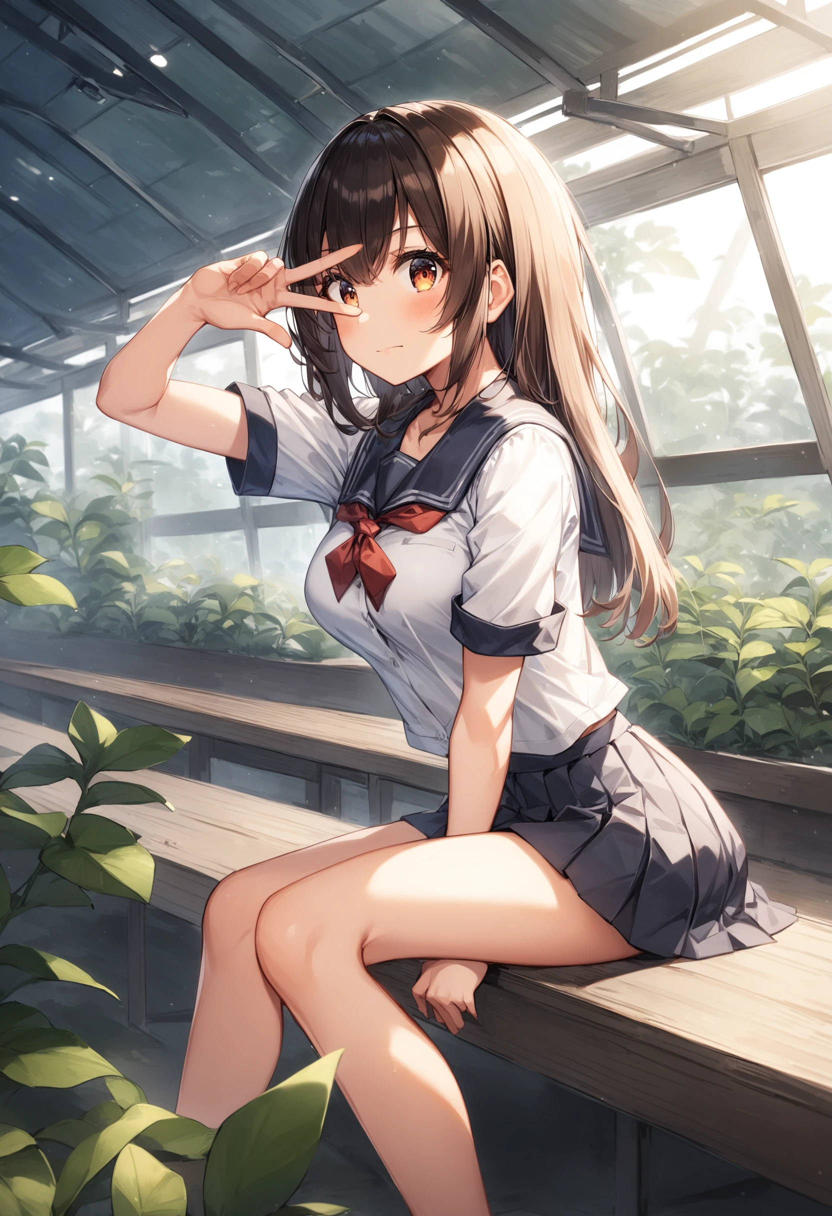 1girl, <lora:sdxl2-flat2-512b:-1>,medium breasts,school uniform,
kiraboshi,<lora:kiraboshi_XL_v1:0.8>v, v over eye,
from side, feet out of frame, looking ahead, water eye, greenhouse, closed mouth,
best quality, very aesthetic, absurdres