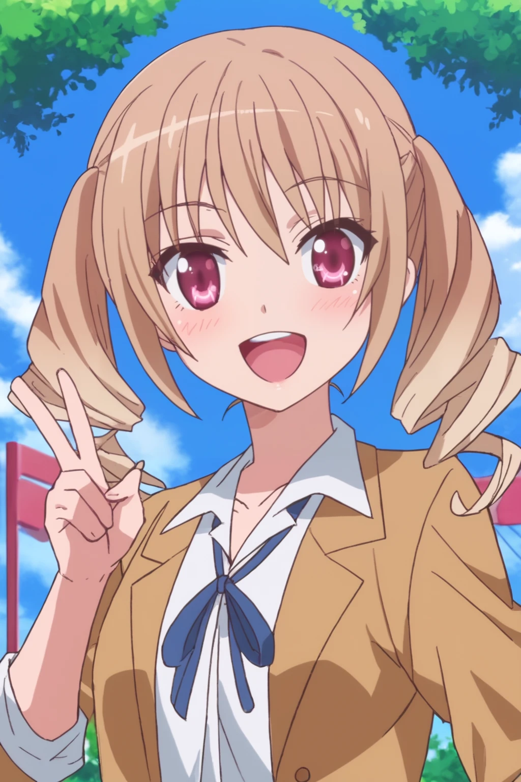 rating_safe, score_8_up, score_7_up, score_6_up, uncensored, anime screencap, flat shadows, flat colors, toriumi sakura, upper body, perspective, happy, v-hand