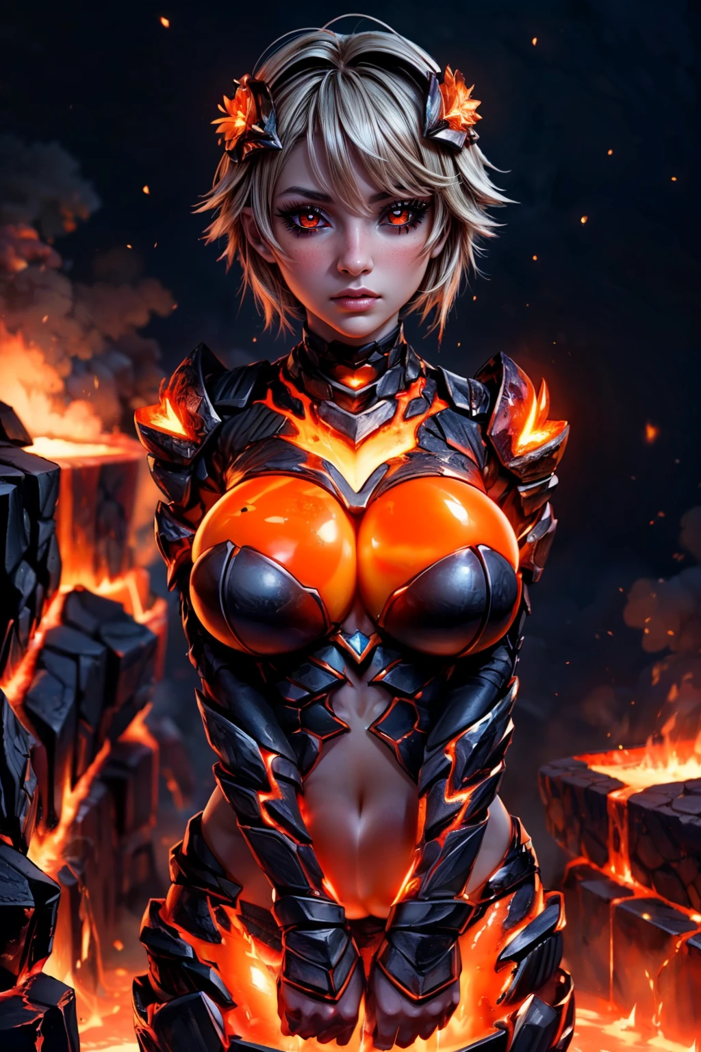 (ultra realistic,32k, masterpiece:1.2),(high detailed skin:1.1),( high quality:1.1),  <lora:Lava_Golem_Girl:0.6>, lava golem (monster girl encyclopedia), orange eyes, black sclera,   earth elemental, fire elemental, full-face blush, glowing, fire, (lava:1.2), monster girl,  (upper body:1.1),  blooming stars, luminescent petals, otherworldly fragrance blurry background, (looking at viewer, standing:1.1), huge breast, large breast, <lora:add_detail:0.92>, (glowwave:1.1),