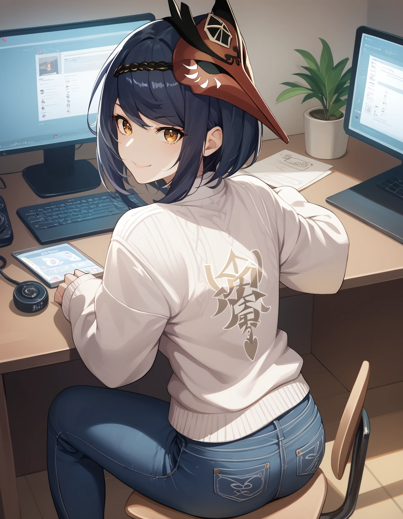 score_9,  score_8_up, score_7_up, source_anime
<lora:kujou-sara-genshin-ponyxl-000025:1> ku70u5a4a, japanese clothes, mask on head, sweater, jeans, desk,
1girl, solo, looking back, looking at viewer, smile, screen, online chat, webcam chat