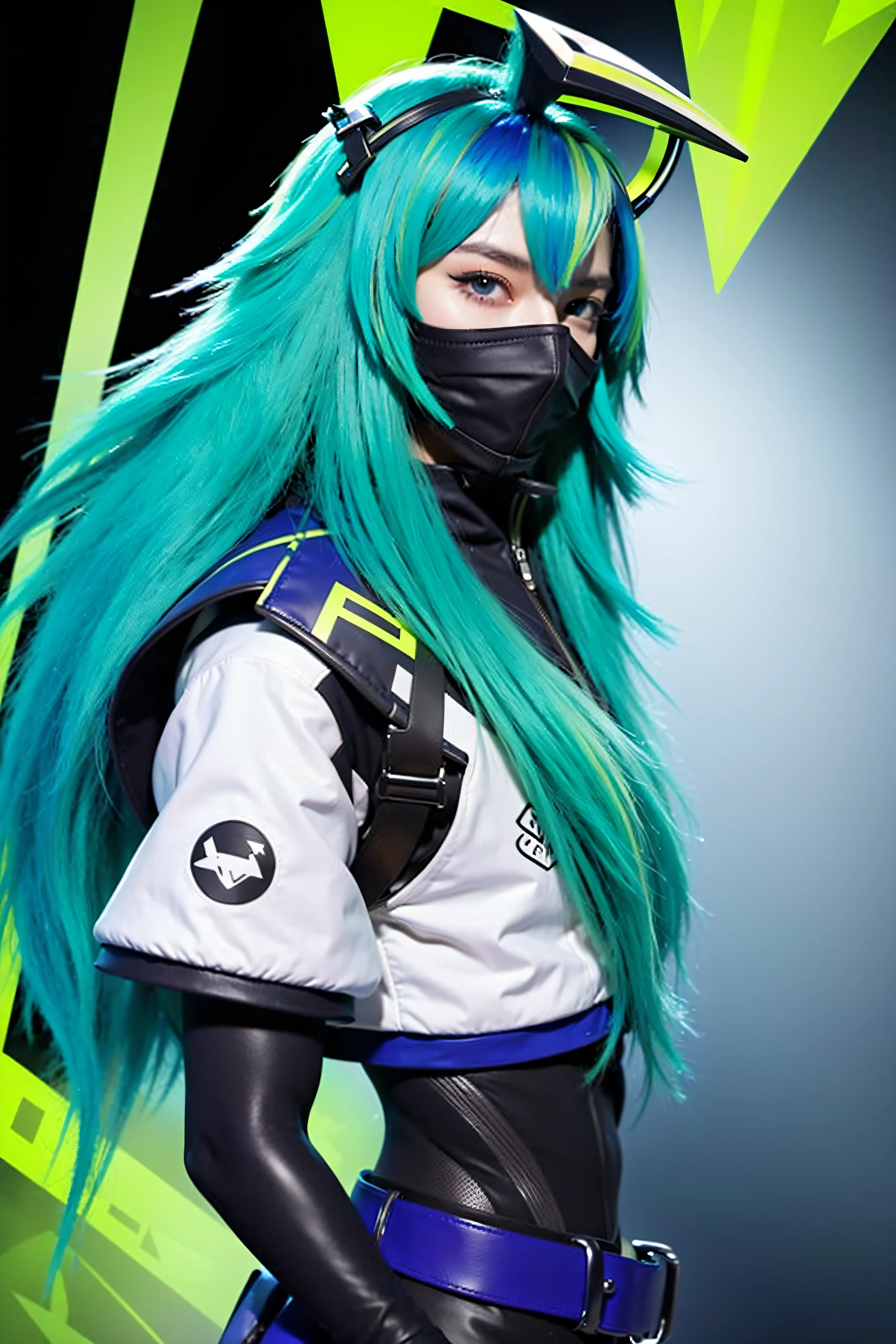 <lora:Zata S-Dreamer:0.8>,Zata S-Dreamer, (1boy:1.4), male focus, solo, long hair, very long hair, hair ornament, portrait, green hair, blue hair, aqua hair, ahoge, headgear, feathers, blue eyes, multicolored eyes, eyeshadow, hair between eyes, makeup, covered mouth, mask, mouth mask, black mask, high collar, bodysuit, jacket, cropped jacket, shirt, pants, black pants, short sleeves, gloves, black gloves, fingernails, claws, belt, zipper, pantyhose, boots, shoes, white footwear sneakers, glowing, power symbol, speech bubble, cube, patterned, neon trim, cat, simple background