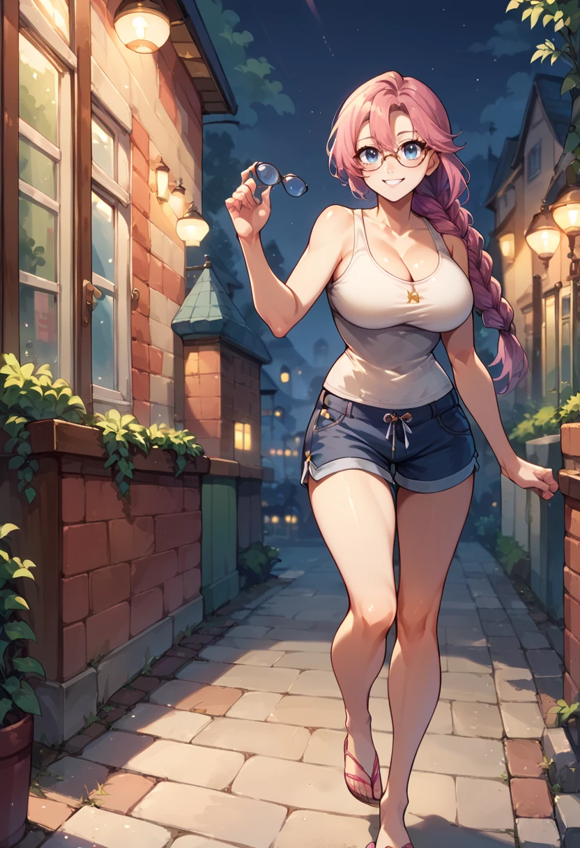 score_9, score_8_up, score_7_up, emmacs3, tank top, shorts, flipflops, modern, casual <lora:emma-rebake3:0.9>, cleavage, large breasts, blue eyes, long hair, glasses, braided ponytail,   bare shoulders, pink hair, smile, night time, night,