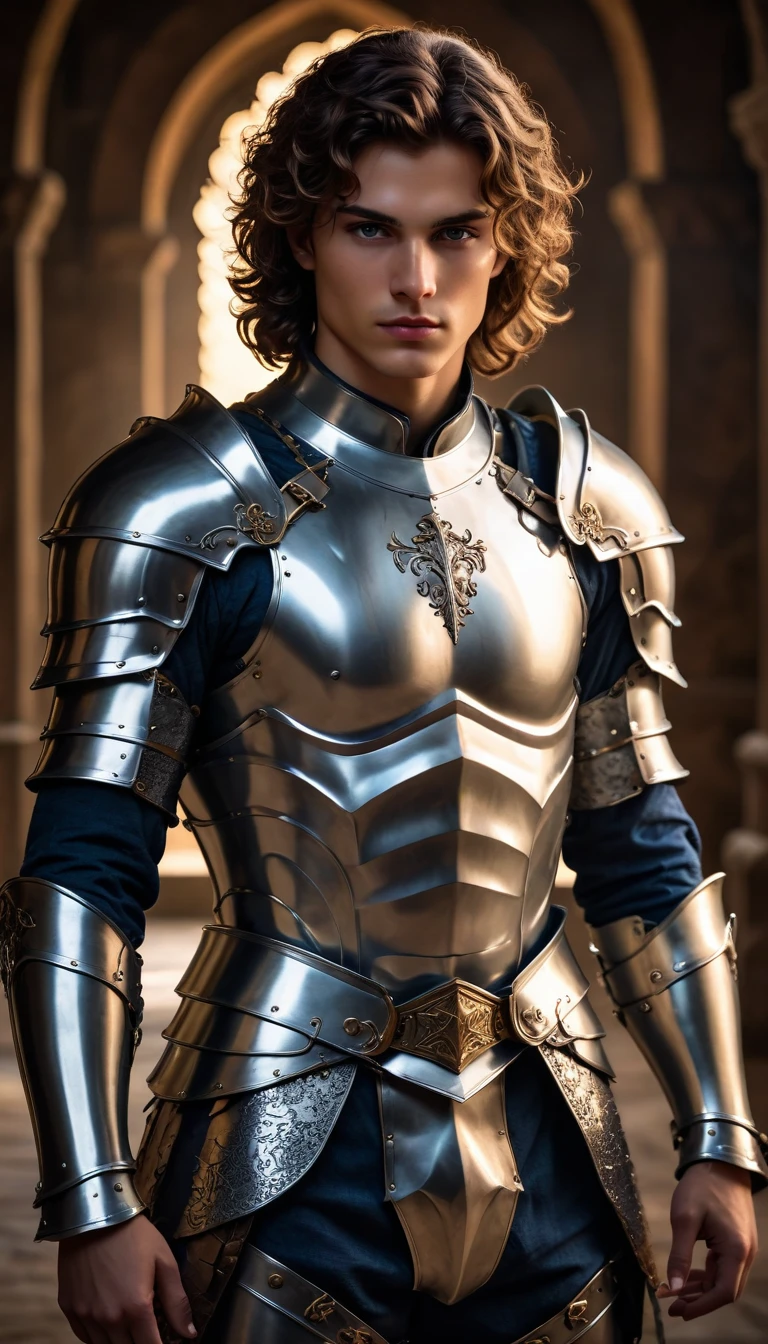 a dramatic fantasy portrait of an epic rough 21yo man knight, medium length  wavy hair, intricately detailed, iliac lines, slim thighs, perfect eyes, chiaroscuro, (perfectly-lit, crisp focus, absurdres, 8k UHD, HDR, vivid color, depth of field, contrast, clarity, balance), <lora:sdxl_lightning_8step_lora:1>