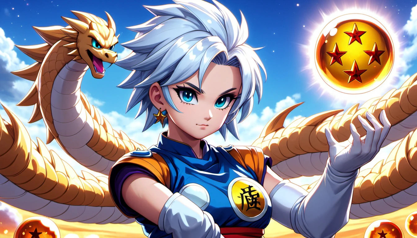 (((masterpiece))) , (((best quality))) , anime style, 2d, well-built charming 1girl, solo, lovely 1girl, FourStar, beautiful gorgeous Parfet Balblair, holding the four star dragon ball, she has Shaved sides hair, key visual, 