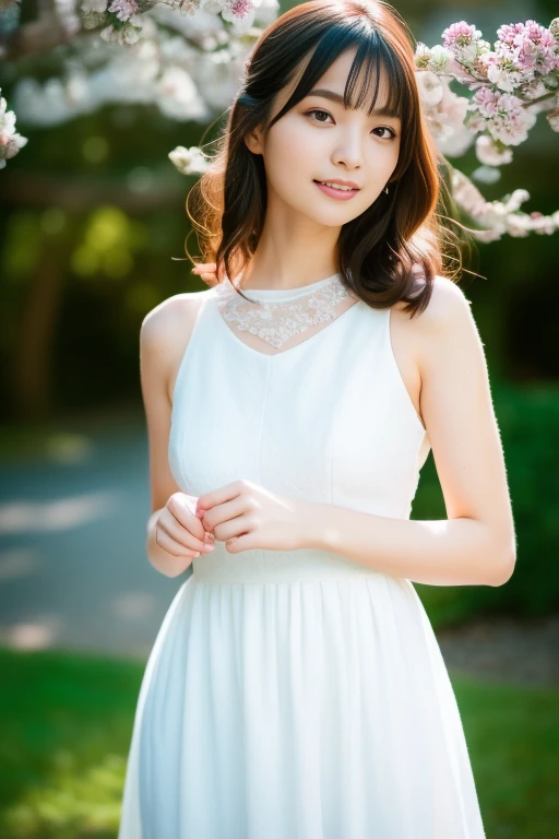 masterpiece, Highest quality，16K, Ultra-high resolution，The light and shadow of reality，Cinema Lenses，(Very skinny),(Very firm, large, beautiful breasts),((Her skin is as white and beautiful as snow)),((Very slim and pure white beautiful thighs)),((Her waist is so slim and beautiful)),((She has outstanding style)),(Pure white beautiful skin),((Beautiful, clear, large double eyelids)),((Her face is very small)),((Cute Japanese Girls)),((She is wearing a pure white short-sleeved lace checkered dress.)),((She is in a beautiful meadow)),（Sexy pose),(Beautiful Eyes:1.1)，Reflecting clear eyes and a gentle smile,