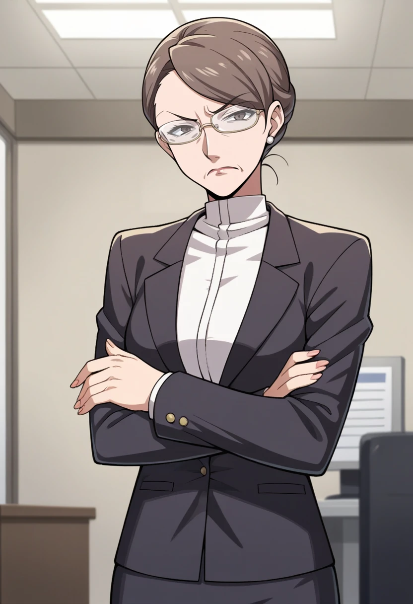 score_9, score_8_up, score_7_up, source_anime BREAK 1girl, solo,  <lora:zs_KaburagiXL:1> kaburagip5s, short hair, hair bun, glasses, brown eyes, mature female, blazer, shirt, pencil skirt, black pantyhose, office, looking at viewer, exasperated, crossed arms