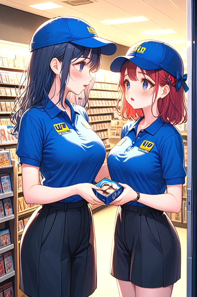 score_9, score_8_up, score_7_up, score_6_up, score_5_up,  score_4_up, blockbuster, 2girls, solo, 1girl in short dress, holding a video rental store portrait cover goods, blue cap, blue polo shirt, pants, look at each other, indoor, counter, storefront, glass door, parted lips, different colors hair, big tits, ribbon, sweat, shy, blush, slim figure, <lora:girllikeblockbuster_pony:0.9>