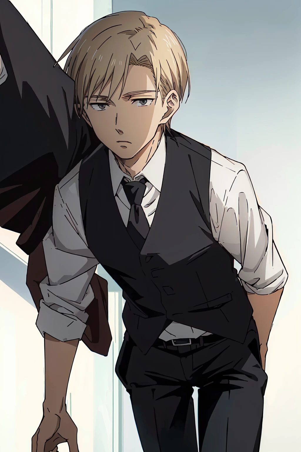 (((masterpiece,best quality,detailed,Anime style))),1boy,solo,Yashiro,(solid_eyes,detailed_eyes,black eyes:1,21),(blonde hair,suit vest,necktie,black pants),<lora:Yashiro_v1:0.8>,hard lighting,