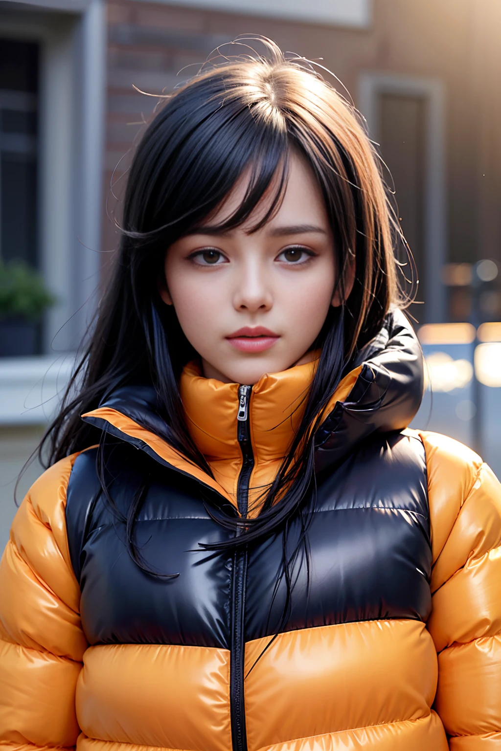 Stunning portrait of an sweet, cute, slim, long haired, young European woman. she is outside, it is a hot summer day. she wear an shiny, colorful, completely enclosureable, (cropped puffer down jacket,by parkasite:1.3), ((very high yoked)). tempting, high detail, realistic, realistic character design, inspiring, intense emotion,  masterpiece, 8k, RAW photo, portrait, best quality, ultra high res, photorealistic, cinematic lightning, digital painting, storytelling, high resolution, depth of field, lens flare,   <lora:Parkasite_v2-000010:0.7>  <lora:hairdetailer:0.3>