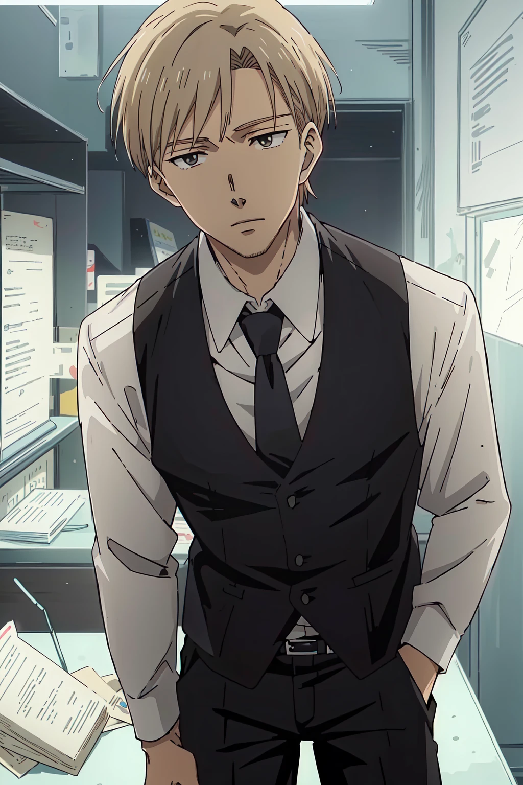 (((masterpiece,best quality,detailed,Anime style))),1boy,solo,Yashiro,(solid_eyes,detailed_eyes,black eyes:1,21),(blonde hair,suit vest,necktie,black pants),<lora:Yashiro_v1:0.8>,fluorescent lighting,