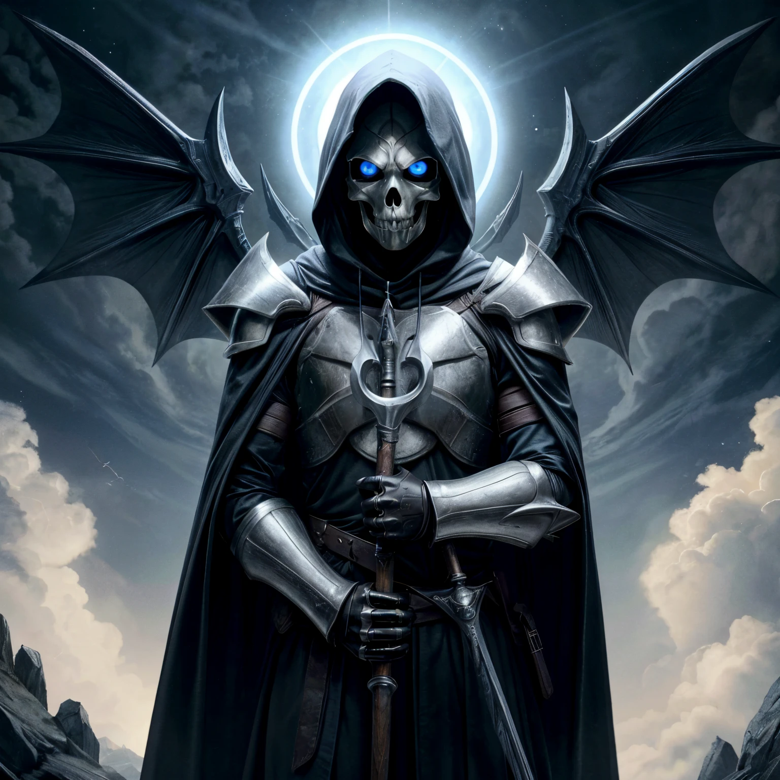 ((ultra detailed, glossy, smooth, comic style)), (1man:1.3), (night), body portrait, a menacing fully armored black samurai, (intricately filigreed black yoroi, scroll worked ebony armor, full skull styled horned helm, skull face guard:1.3), (black and red symmetrical feathered wings:1.2), in the haunted dark forest, (twisted gnarled trees, ghostly swirling energies:1.3)
