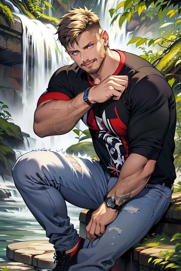 (masterpiece, best quality:1.2), man, smirk, (depth of field:1.1), , photo of person, plaid shirt, denin pants, stubble,sitting, waterfall, masterpiece, perfect face, perfect picture, detailed eyes, sharp focus, muscular<lora:EMS-3262-EMS:0.400000>, <lora:EMS-81619-EMS:1.000000>