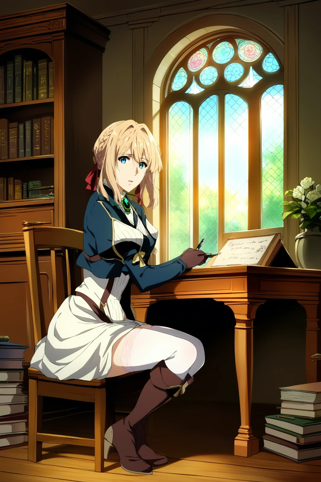 ,score_9, score_8_up, (score_7_up), source_anime,anime coloring,anime,(anime screencap),,zPDXL,
,detailed background,, day, the Victorian era, medieval, libraries,, indoors, wooden wall, sitting,  (writing:1.4), wooden desk, (pen), (holding pen), writing, sitting_on_chair,
,blue jacket, brown gloves, cropped jacket,, gloves, green brooch, jacket, juliet sleeves, long sleeves, puffy sleeves, (white dress:0.4), short skirt, short dress, 
,knee boots, lace up boots, brown footwear,  high heel boots,,(white thighhighs), (lace),,
,, violetevergarden,violet evergarden, blonde hair, blue eyes, hair ribbon, ribbon, short hair, braids, hair braids, red ribbon, 1girl,, looking at viewer, 
, <lora:Violet_Evergarden_PonyXL_v1:0.75>