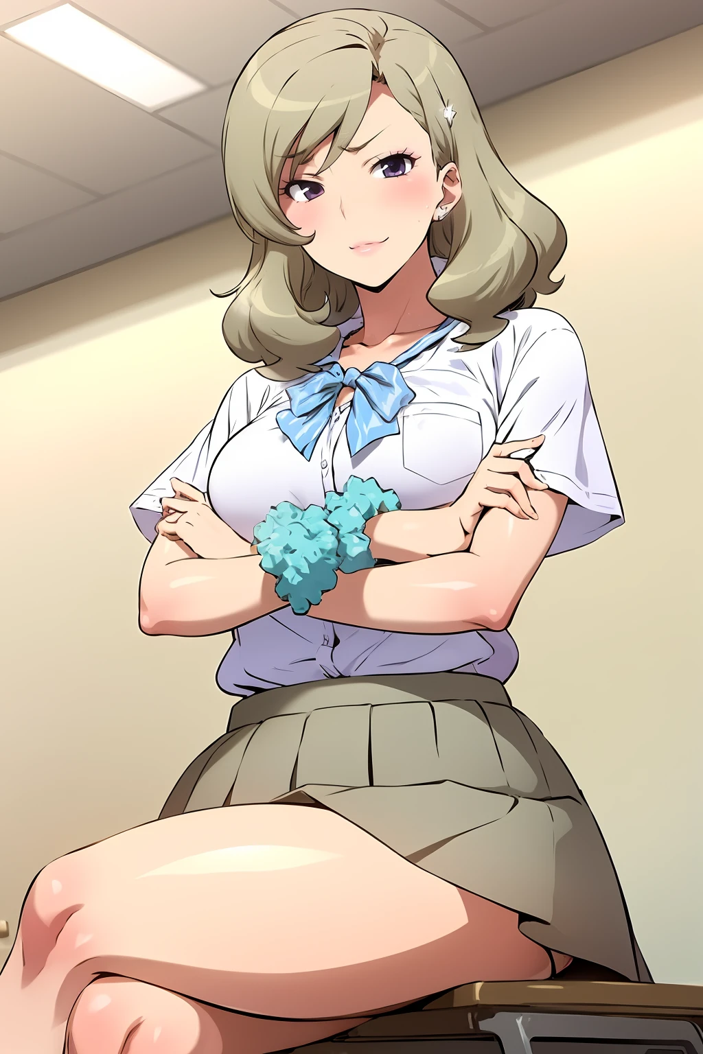 masterpiece, high quality, best quality, bitchko,  from_jk_bitchi_no_shiboretai, purple eyes, kogal, solo, scrunchie, school uniform, grey skirt, <lora:Bitchko:1>, BREAK sitting, on desk, crossed arms, crossed legs, smirk, from below, looking at viewer