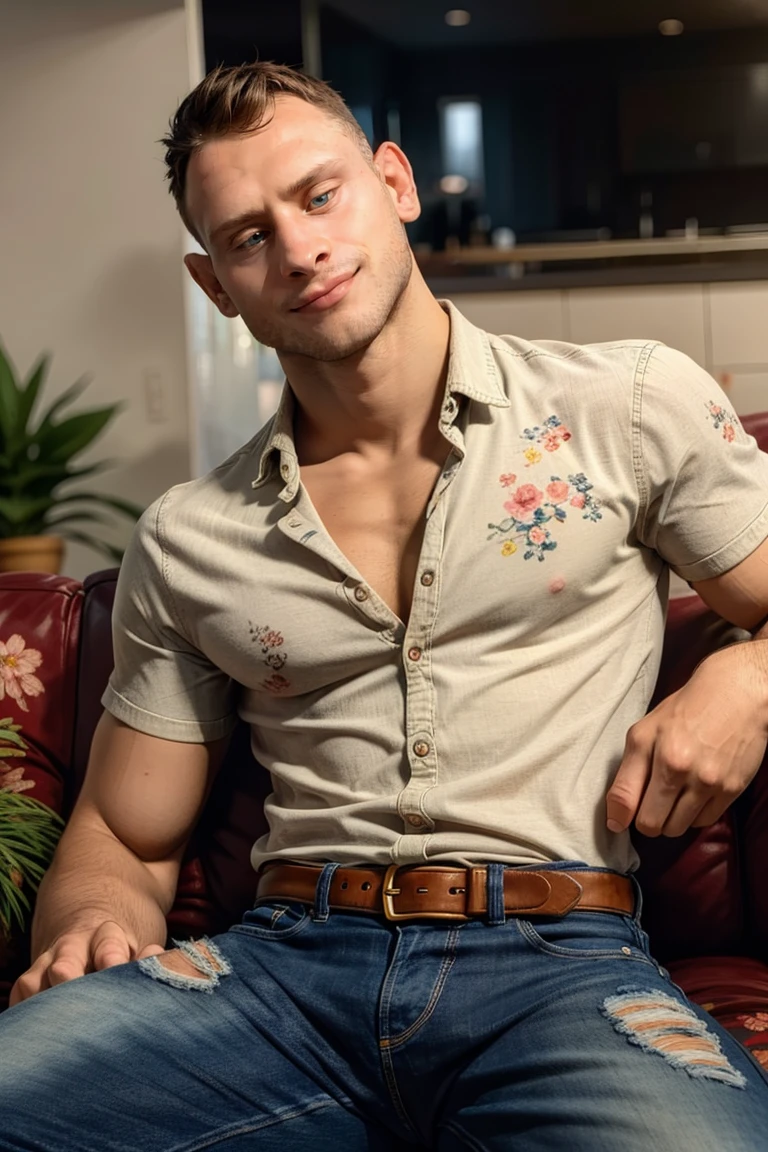 (masterpiece, best quality:1.2), man,solo, 1boy, , (depth of field:1.1), photo of man, smirk, floral shirt, denim jeans,, sitting on couch, spread legs, symmetrical body, 
, ,cowboy shot, , masterpiece, highness, perfect face, perfect picture, detailed eyes, sharp focus,High detailed view,photorealistic<lora:EMS-75454-EMS:0.800000>, <lora:EMS-343525-EMS:1.000000>