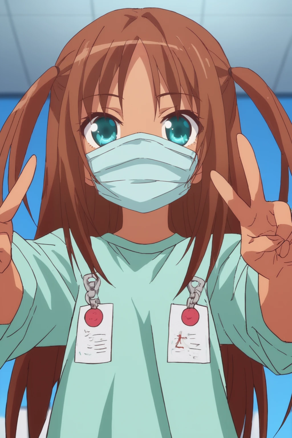 rating_safe, score_8_up, score_7_up, score_6_up, uncensored, anime screencap, flat shadows, flat colors, nukui kurumi, upper body, perspective, happy, v-hand, medical_mask_tan