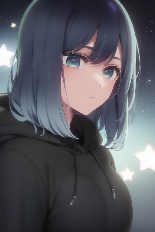 <lora:akanev2:1> blue eyes, stars in eyes, close-up, black hoodie