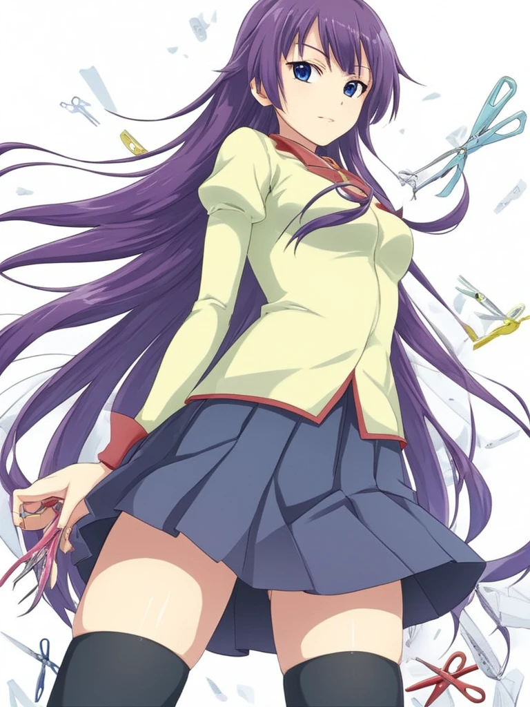 anime artwork <lora:Hitagi:1> 1girl, blue eyes, cowboy shot, from below, hitagi, long hair, looking at viewer, naoetsu high school uniform, purple hair, scissors, solo, white background, zettai ryouiki . anime style, key visual, vibrant, studio anime, highly detailed
