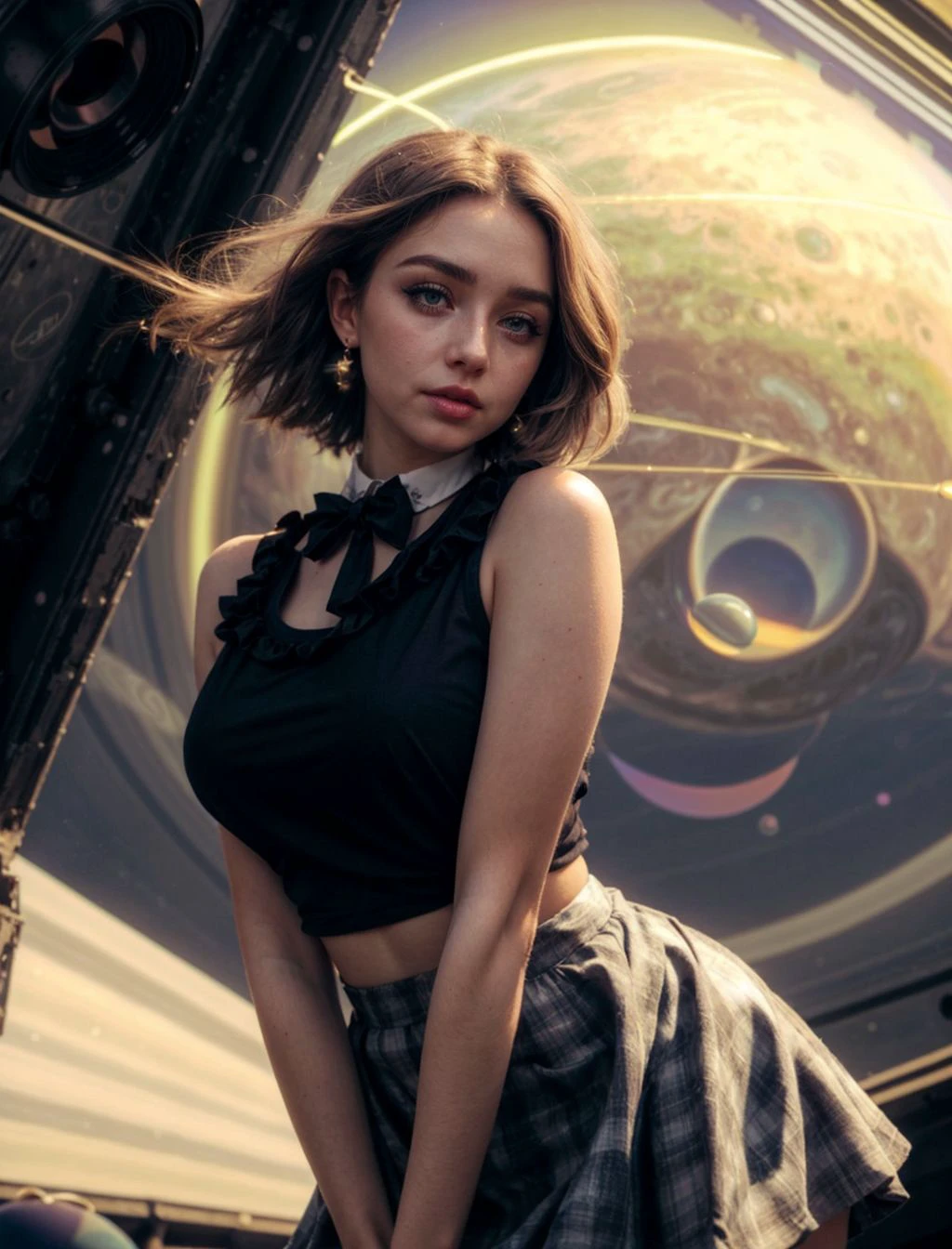 (detailed eyes), (perfect glowing skin), (heavy eyeshadow), shoulder length straight hair,  curvy fit 1girl, neck bowtie, tank top shirt, ruffled skirt, cute pose, at outside barn,  (planet saturn in the sky:1.3), heavy wind, (light at side), dutch angle, (filmic, 35mm, grainy), (insane details) <lora:more_details:0.8>