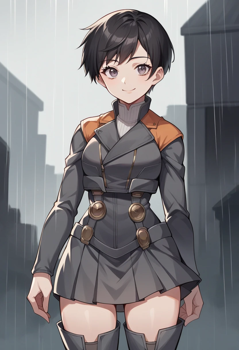 score_9, score_8_up, score_7_up, source_anime BREAK 1girl, solo,   <lora:zs_SeraXL:1> seradds, short hair, black hair, grey bodysuit, skirt, visible thighs, knee boots, short hair, cowboy shot, smile, mouth closed, destroyed city, post-apocalyptic, grey skies, rain, looking at viewer