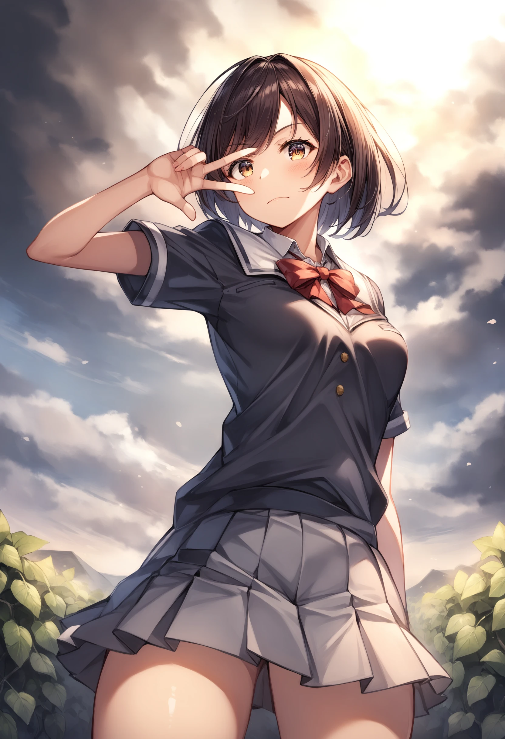 1girl, <lora:sdxl2-flat2-512b:-1>,medium breasts,school uniform,
kiraboshi,<lora:kiraboshi_XL_v1:0.8>v, v over eye,
from below, panorama shot, looking ahead, water eye, vineyard, closed mouth,
best quality, very aesthetic, absurdres