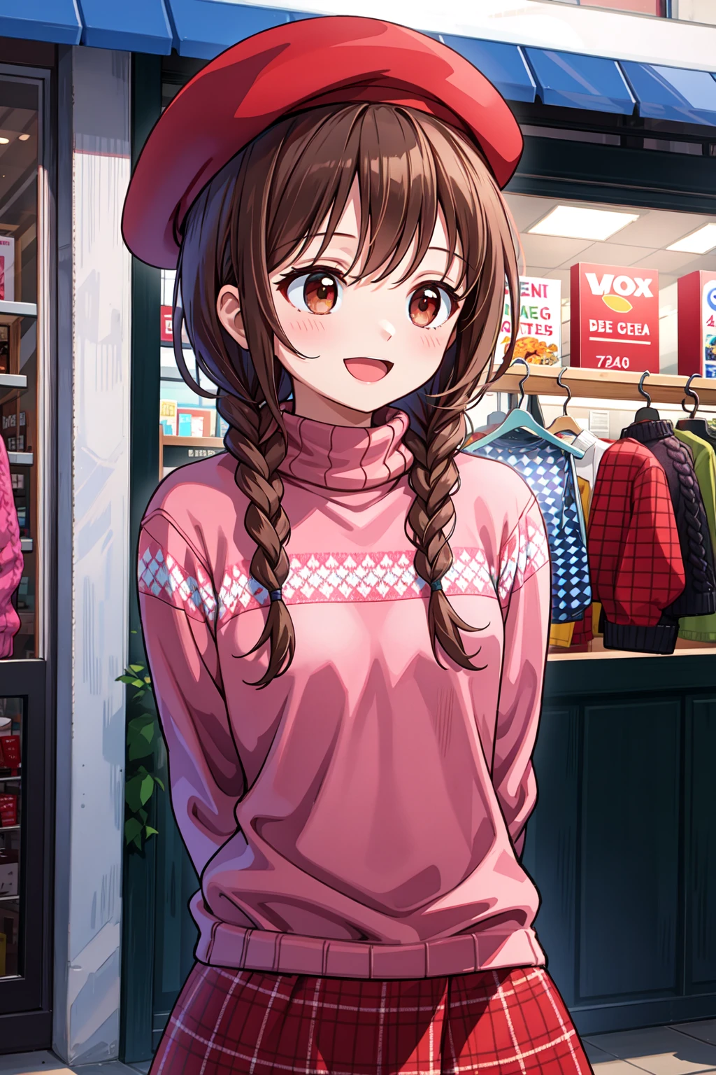 (best quality:1.4), amazing intricate, cute girl, dark brown hair, twin braids, dark brown eyes, round eyes, dropping eyes, (small breasts:1.3), 
:d, standing, (looking away:1.4), upper body, arms behind back, 
red beret, (argyle pattern sweater, pink sweater, long sweater:1.1), long sleeves, (red flared skirt:1.3), in front of the store