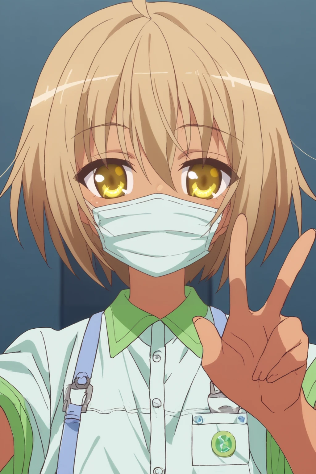 rating_safe, score_8_up, score_7_up, score_6_up, uncensored, anime screencap, flat shadows, flat colors, kaneshiro sora, upper body, perspective, happy, v-hand, medical_mask_tan_line
