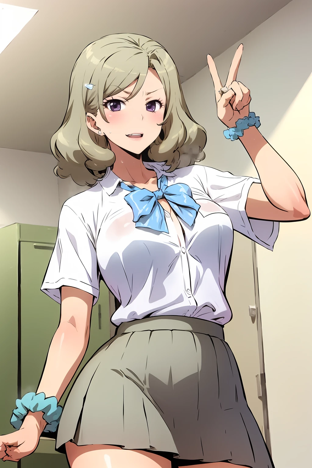 masterpiece, high quality, best quality, bitchko,  from_jk_bitchi_no_shiboretai, purple eyes, kogal, solo, scrunchie, school uniform, grey skirt, <lora:Bitchko:1>, BREAK standing, (v_sign), looking at viewer, upper body, cowboy shot