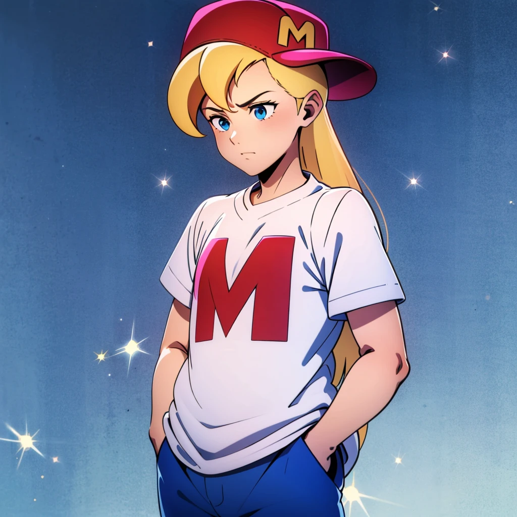 1girl, solo, Maxine, blonde hair, long hair, red hat, white shirt, blue eyes, short sleeves shirt, baseball cap, blue pants, white shoes, <lora:Maxine_MightyMax_Leaf3:0.8>, cowboy shot, official art, vibrant, high quality, hands in pockets,