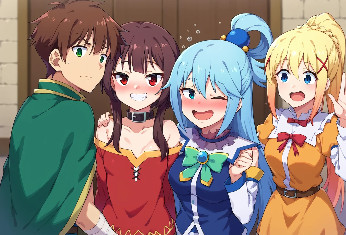 score_9, score_8_up, score_7_up, score_6_up, source anime, BREAK <lora:konosuba_multiple_merge:1> 3girls, 1boy, indoors, mansion,
3girls, 1boy, satou kazuma, brown hair, green capelet, green eyes,
3girls, 1boy,  nimugempnxl, megumin, small breasts, bandages, grin, v over eye,
3girls, 1boy,  auqapnxl, aqua \(konosuba\), smile, drunk, alcohol,
3girls, 1boy, lalatinapnxl, darkness \(konosuba\), dress, waving, closed mouth