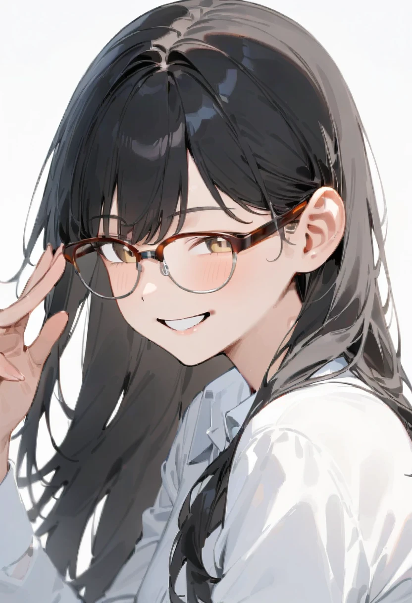 masterpiece, best quality, very aesthetic, absurdres,
1girl, solo, black hair, long hair,
sirmont16A, glasses,
collared shirt, happy, smile, looking at viewer, adjusting eyewear, white background, simple background,
<lora:glasses_sirmont2_SDXL_V1:1>