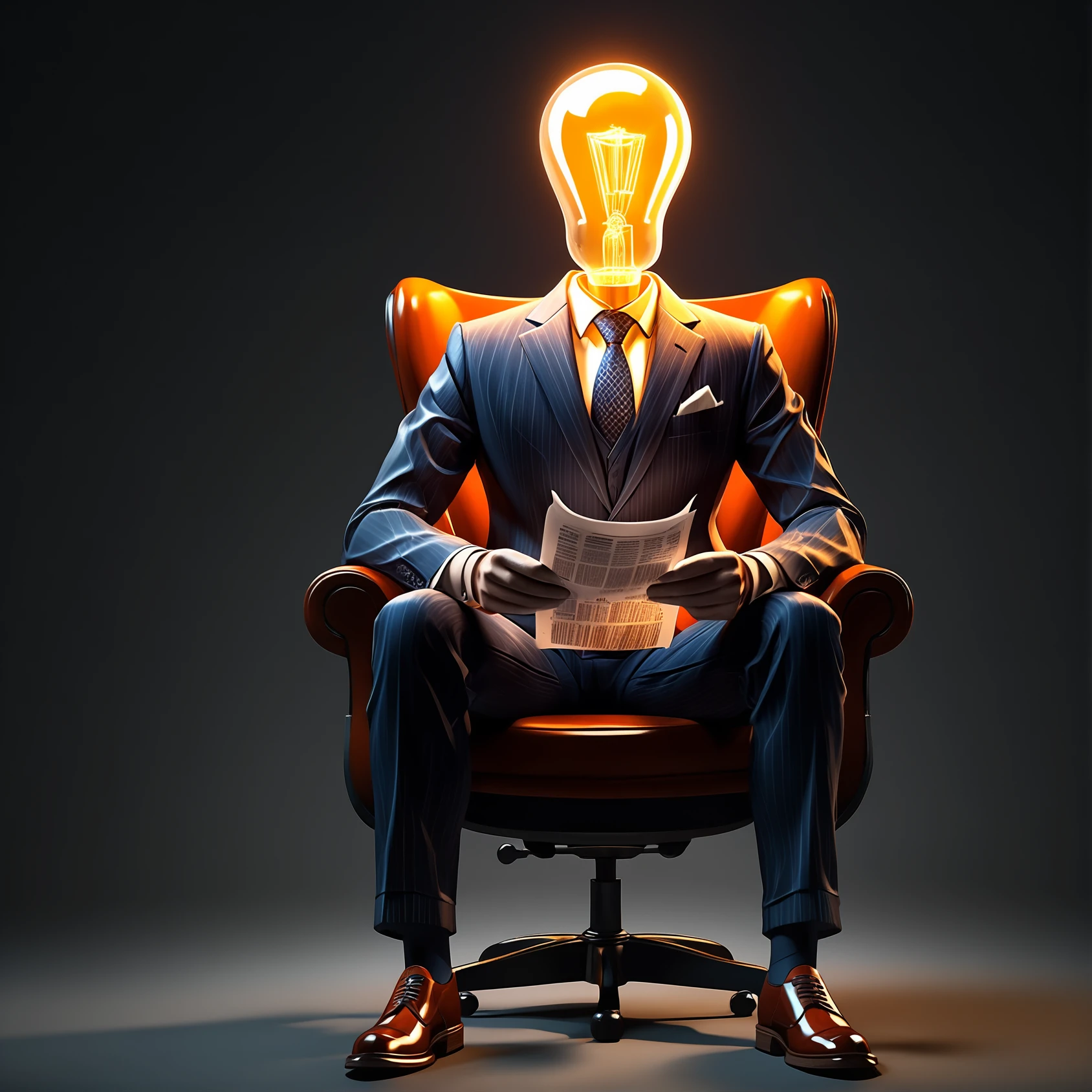 full body shot of (((a character with a incandescent lamp instead of a his head:1.5))) in a business brown suit, sitting in a chair with a newspaper, black background, simple background. Whole outfit, clear, sharp, balanced