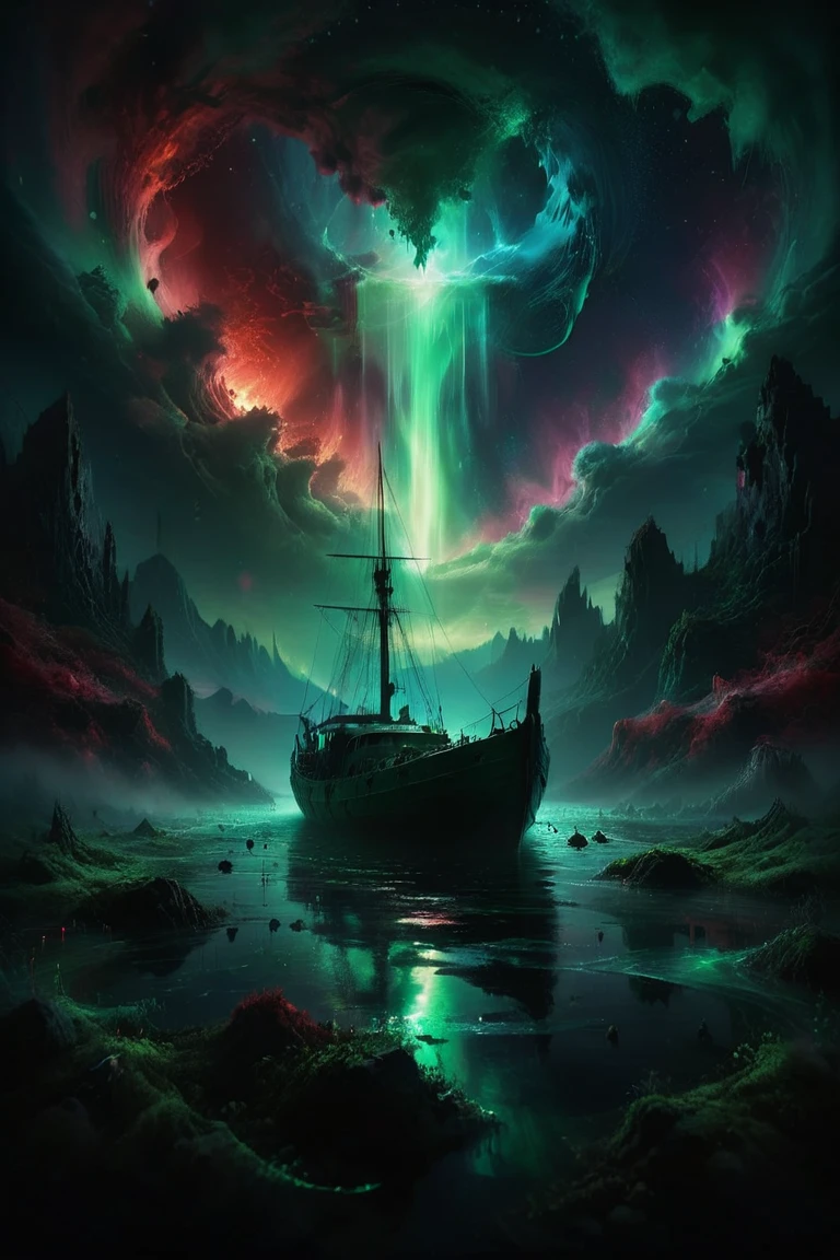 ethereal fantasy concept art of  Dark Moody Atmosphere, Dark Fantasy Art, a boat floating on top of a body of water under a green and red sky filled with aurora lights, Filip Hodas, magical atmosphere, a detailed matte painting, fantasy art, dark, moody, dark fantasy style, dramatic, mysterious, dark moody atmosphere . magnificent, celestial, ethereal, painterly, epic, majestic, magical, fantasy art, cover art, dreamy